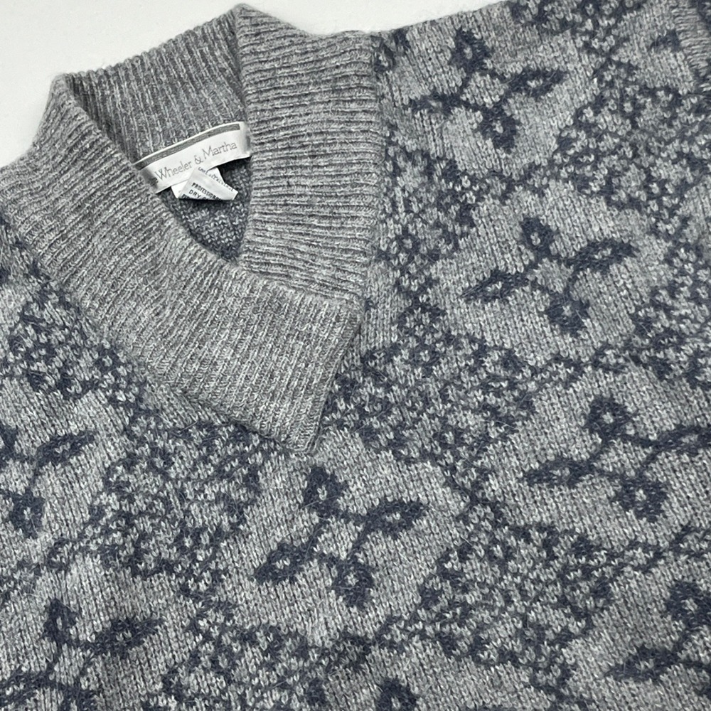 White Wheeler & Martha Vintage Angora Lambswool Grey Fair Isle V-Neck Sweater M